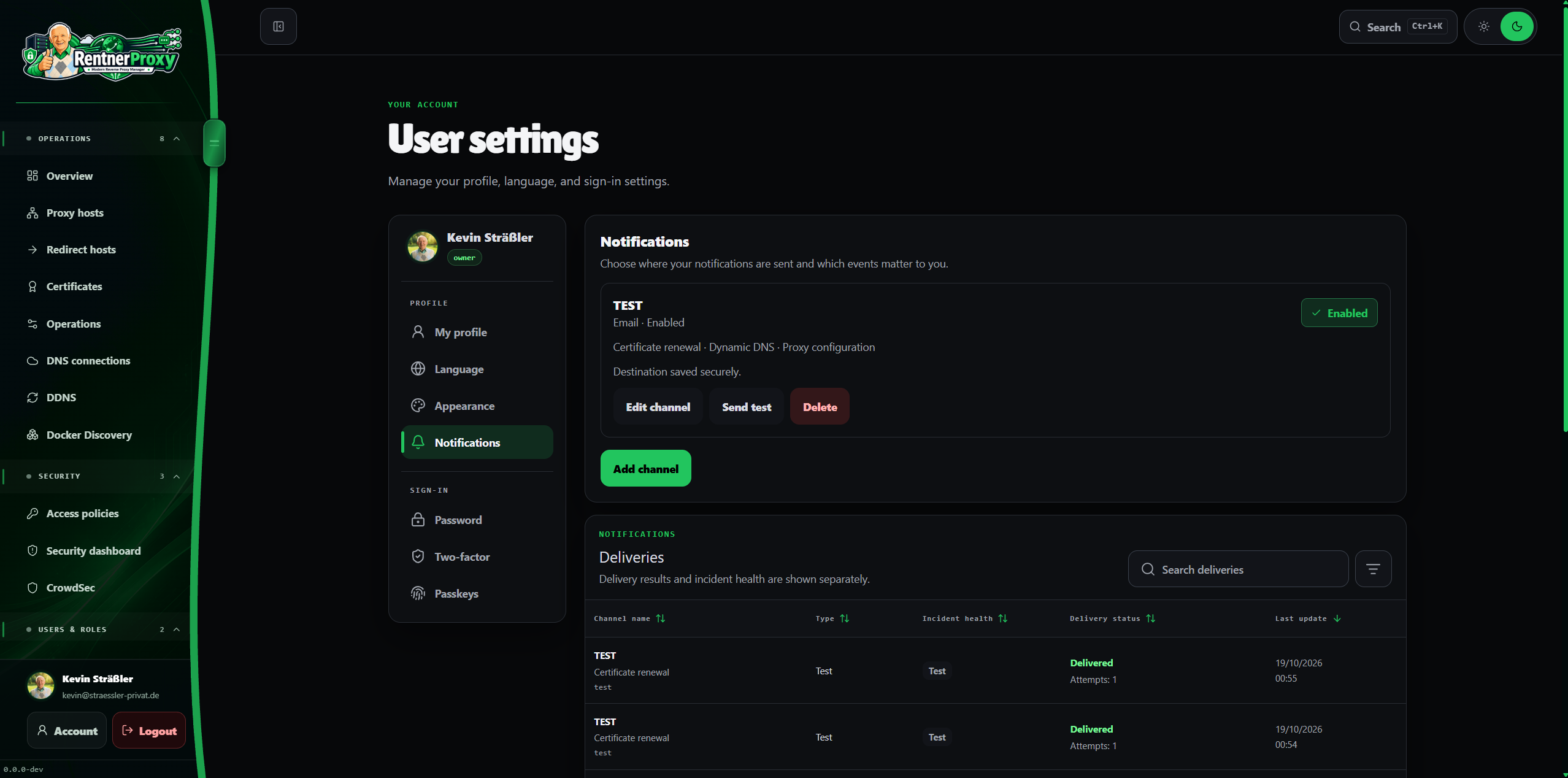 Notification settings in dark mode with an email channel, event subscriptions and delivery status.